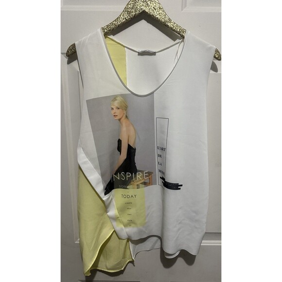 Zara Tops - Zara White and Pale Yellow Graphic Layered Tank Top
